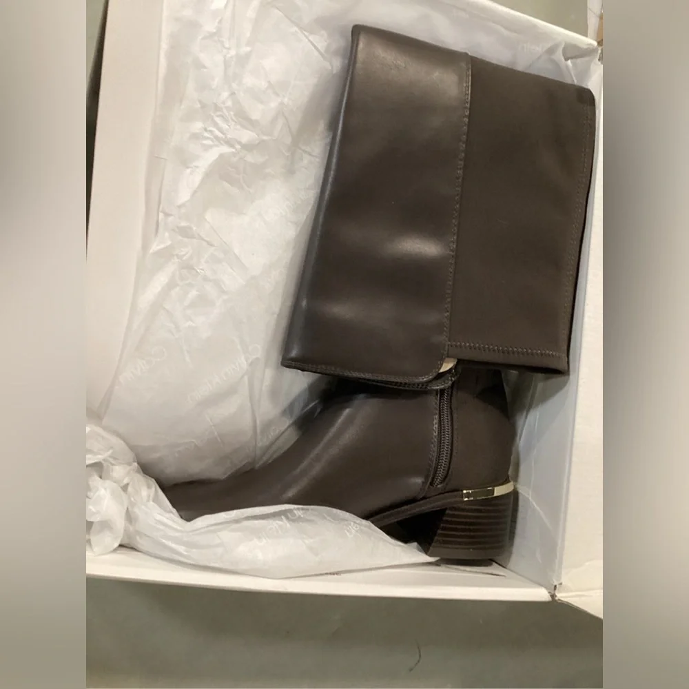 Calvin Klein Jotty‎ Over The Knee Boots 5.5 Brown Almond Toe Low Heel Brand New